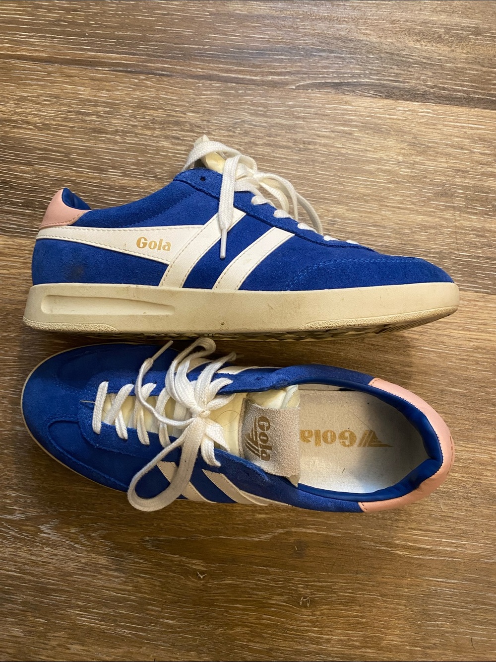 Gola Blue Suede Sneakers with Cream Stripes and Pink Heel